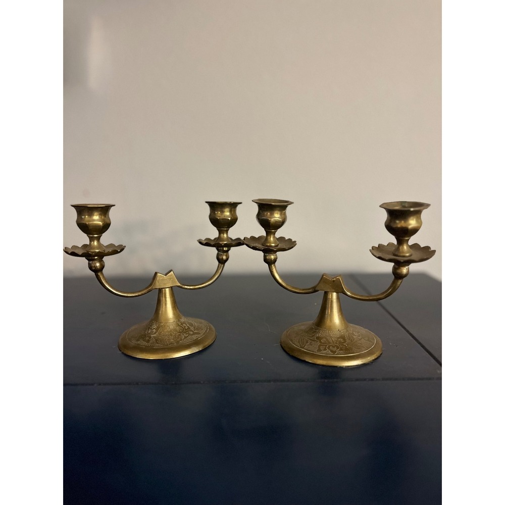 Vintage Brass‎ Candelabra Pair Ornate Floral Embossed China